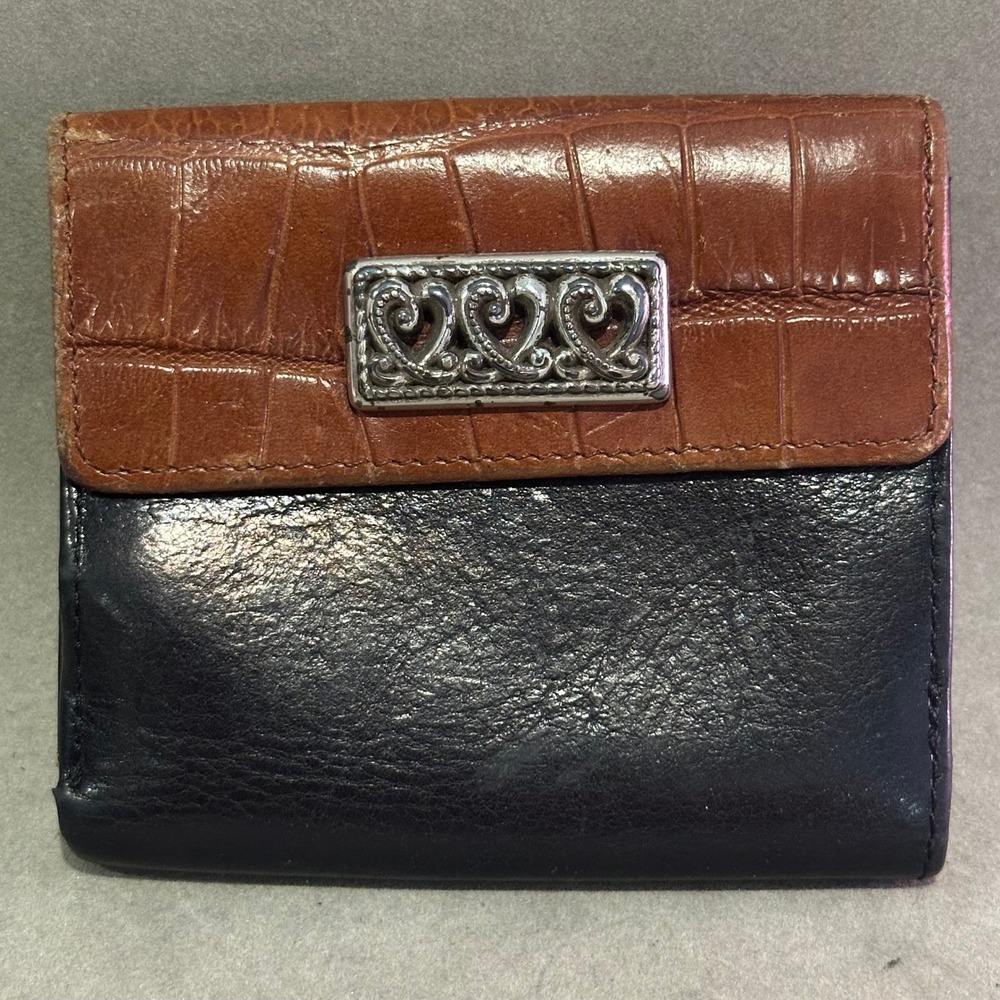 Brighton Black Brown Leather Croc Embossed Trifold Wallet‎ Silver Heart Filigree